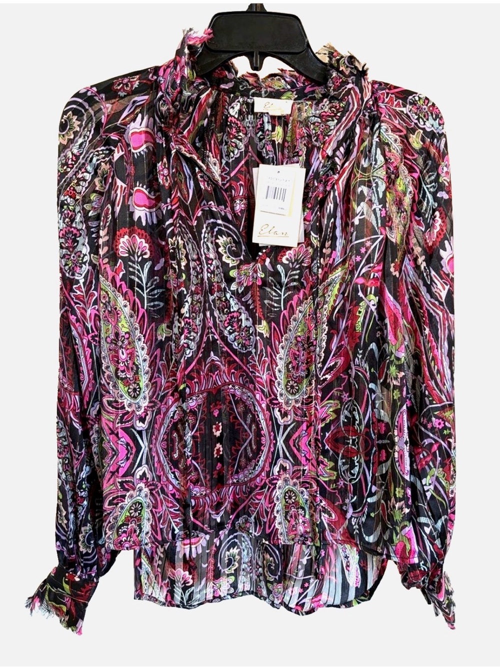 NWT Elan XS Metallic Paisley Blouse Pink Purple Tie Neck Boho Sheer